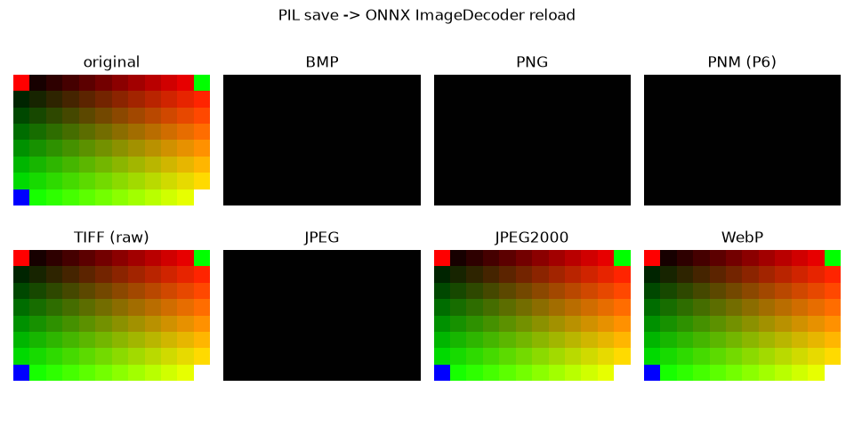 PIL save -> ONNX ImageDecoder reload, original, BMP, PNG, PNM (P6), TIFF (raw), JPEG, JPEG2000, WebP
